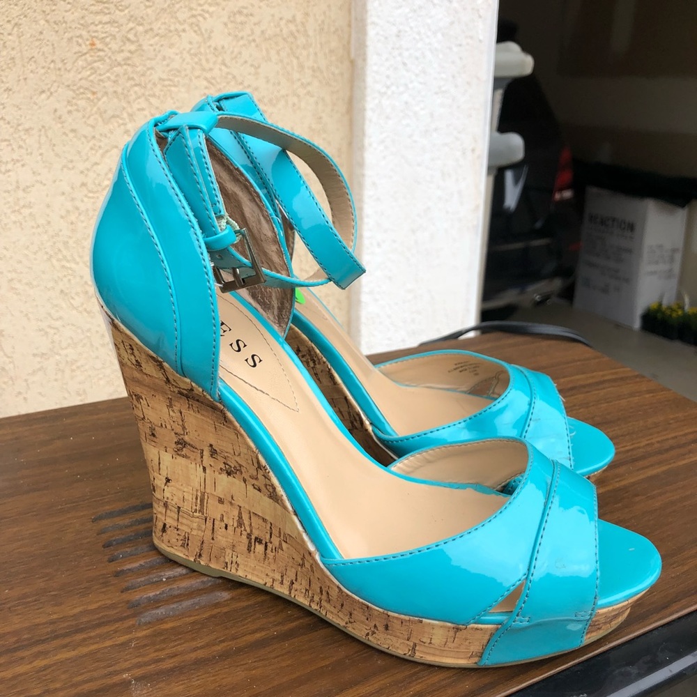 Aqua blue cork wedge heels